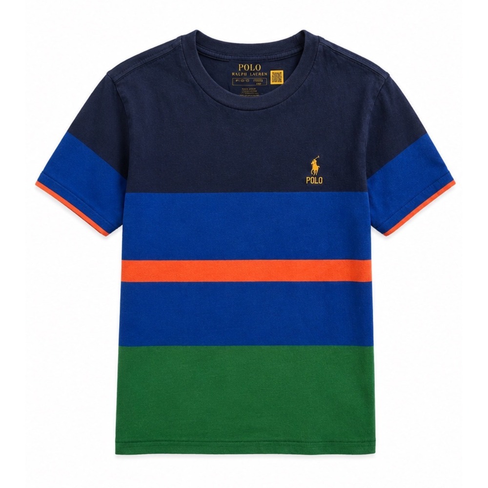 Polo Ralph Lauren Boys M 10-12 Colorblock Striped T-Shirt Navy Blue Green Pony